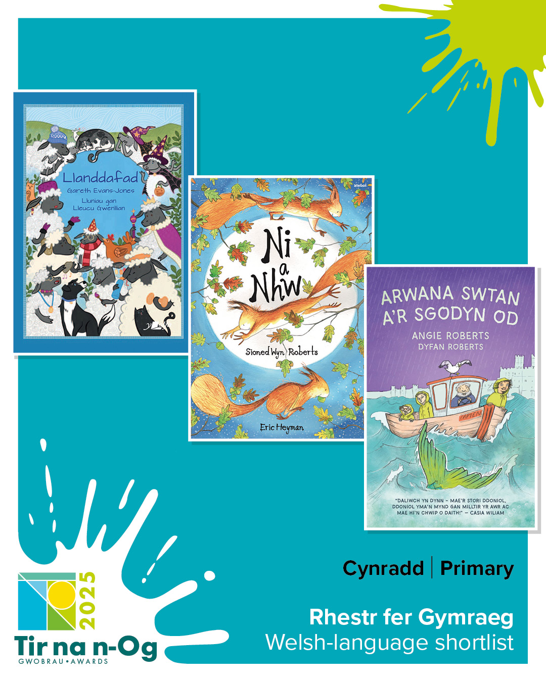 Three books on the Tir na n-Og Welsh-language Primary shortlist 2025. Llanddafad, Ni a Nhw and Arwana Swtan a'r Sgodyn Od.