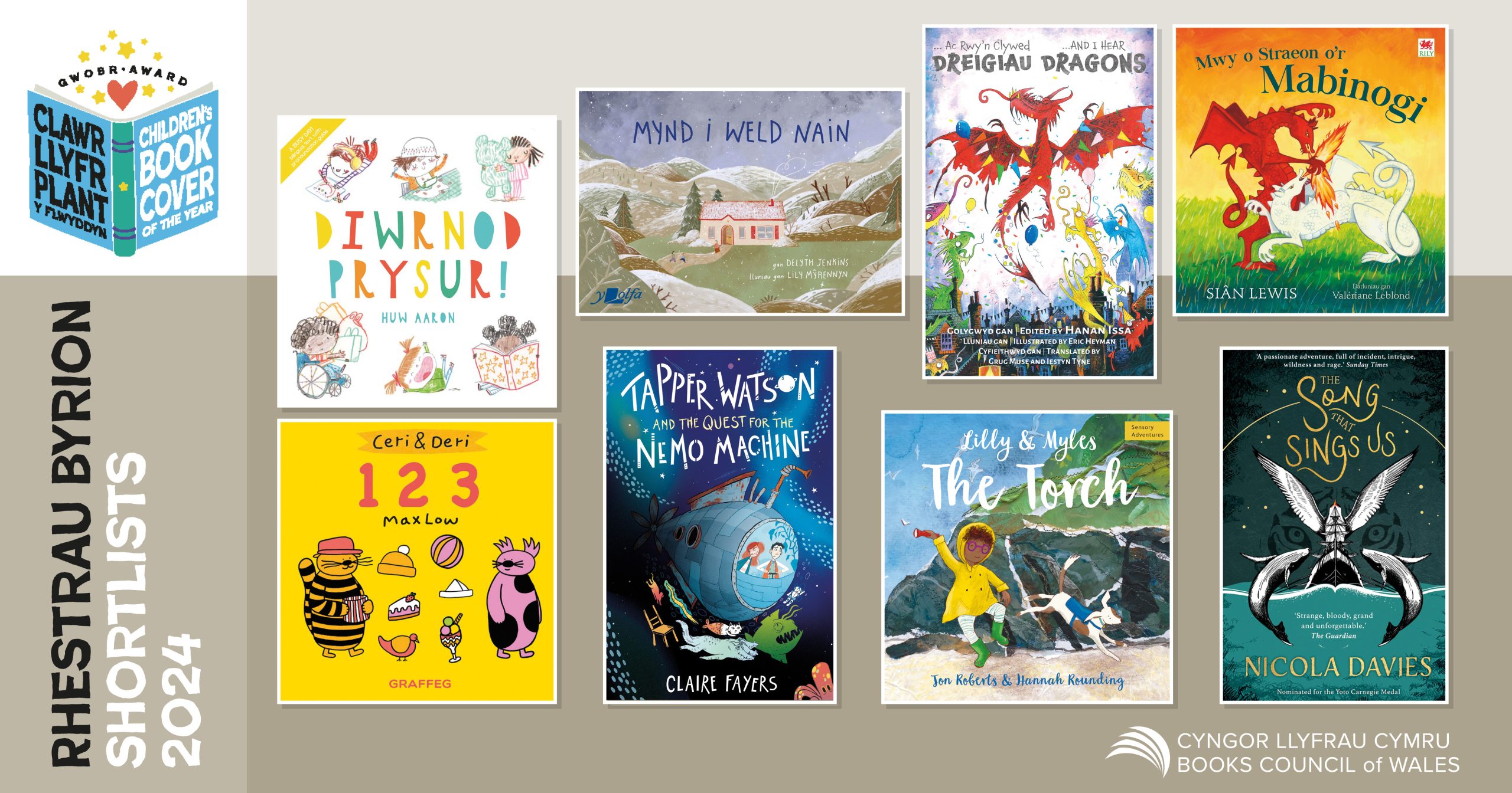 Graphic featuring the books shortlisted for the 2024 Children's Book Cover of the Year Award